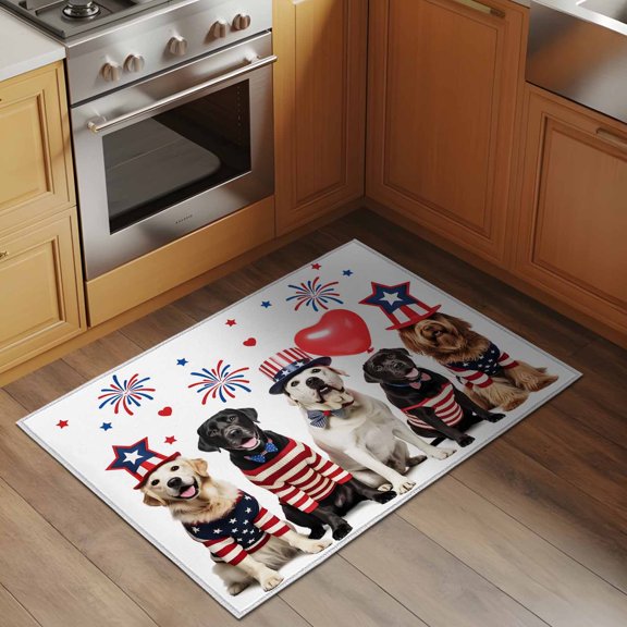 Independence Day 2x3 Rug for Entryway Front Door Kitchen Sink Area, U.S. Flag Themed Cute Funny Dog Puppy Firework Low Pile Washable Non Slip Rectangle Area Rug