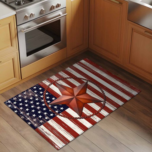 Independence Day 2x3 Rug for Entryway Front Door Kitchen Sink Area, U.S. Flag Themed Metal Five-Pointed Star Low Pile Washable Non Slip Rectangle Area Rug