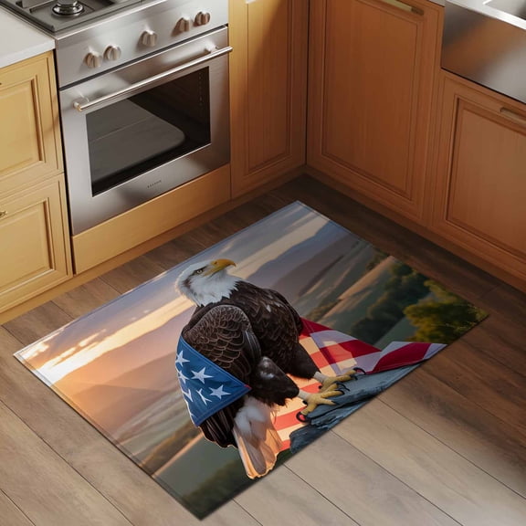 Independence Day 2x3 Rug for Entryway Front Door Kitchen Sink Area, U.S. Flag Themed Natural Field Cool Eagle Low Pile Washable Non Slip Rectangle Area Rug