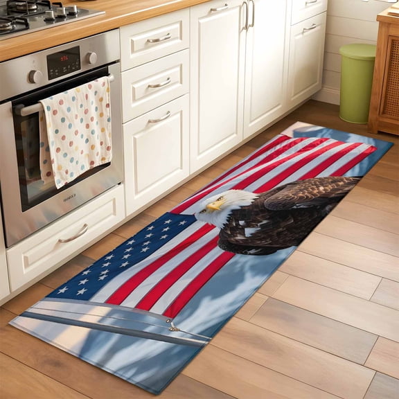 Independence Day 2x6 Runner Rug for Hallway Walkway Kitchen Galley, U.S. Flag Themed Bald Eagle Snow Mountain Low Pile Washable Non Slip Long Area Rug