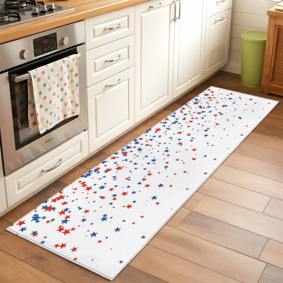 Independence Day 2x6 Runner Rug for Hallway Walkway Kitchen Galley, U.S. Flag Themed Red Blue Five-Pointed Star Low Pile Washable Non Slip Long Area Rug