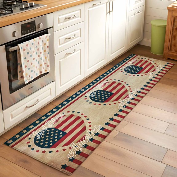 Independence Day 2x6 Runner Rug for Hallway Walkway Kitchen Galley, U.S. Flag Themed Retro Love Heart God Bless America Low Pile Washable Non Slip Long Area Rug