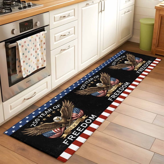Independence Day 2x6 Runner Rug for Hallway Walkway Kitchen Galley, American 250 Years of Freedom Bald Eagle Low Pile Washable Non Slip Long Area Rug
