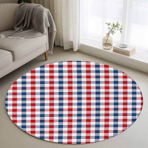 Independence Day 3.3' Round Rug for Bedroom Reading Corner, American Flag Red Blue White Plaid Washable Non Slip Circle Area Rug