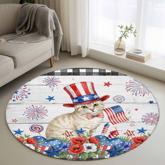 Independence Day 3.3' Round Rug for Bedroom Reading Corner, Cartoon Golden British Shorthair Poppy Wood Grain Washable Non Slip Circle Area Rug