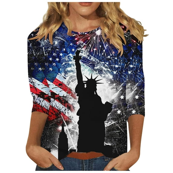 Independence Day 3/4 Sleeve Cute Shirts for Women USA Flag Patriotic T Shirt 4th of July Summer Tops Memorial Day Distressed Blouse Western Graphic Tees