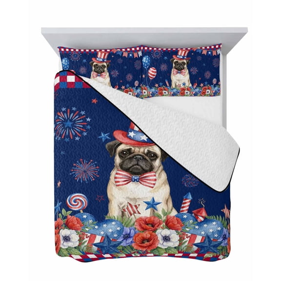 Independence Day 3 Piece Quilt Set Queen Size, Cartoon Pug Dog Cute Puppy Red Blue Flower Firework Soft Bedspread Coverlet Bedding Set Microfiber Comforter Set with 2 Pillowcases for Bedroom