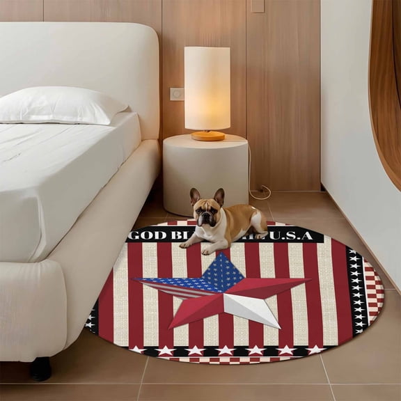 Independence Day 3ft Round Rug for Bathroom Accent Bedside Corner, Red Blue U.S Flag Patriotic Star Stripe Plaid Washable Non Slip Circle Area Rug for Small Spaces