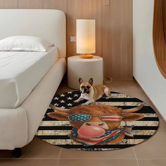 Independence Day 3ft Round Rug for Bathroom Accent Bedside Corner, Retro Five-Pointed Star U.S. Flag Farm Funny Cow Washable Non Slip Circle Area Rug for Small Spaces