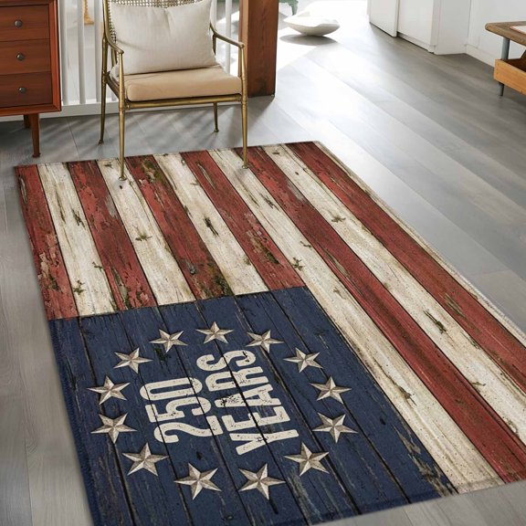 Independence Day 3x5 Rug for Bedroom Foot of Bed Small Living Room, Watercolor U. S. Flag 250 YEARS Retro Wood Grain Washable Non Slip Rectangle Area Rug