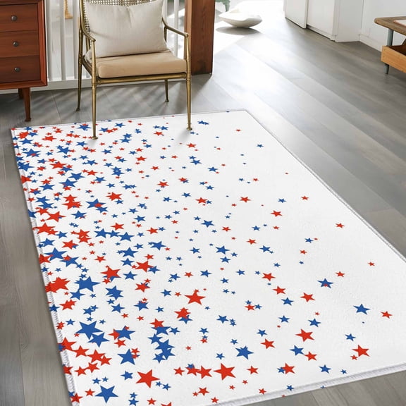 Independence Day 3x5 Rug for Bedroom Foot of Bed Small Living Room, U.S. Flag Themed Red Blue Five-Pointed Star Washable Non Slip Rectangle Area Rug