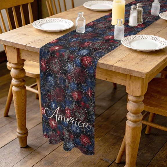 Independence Day 4.5ft Cheesecloth Table Runner for Wedding 19"x55", America Letter Print Fantasy Colorful Firework Kitchen Dinner Sheer Tulle Chiffon Dresser Scarf, Holiday Party Decorations