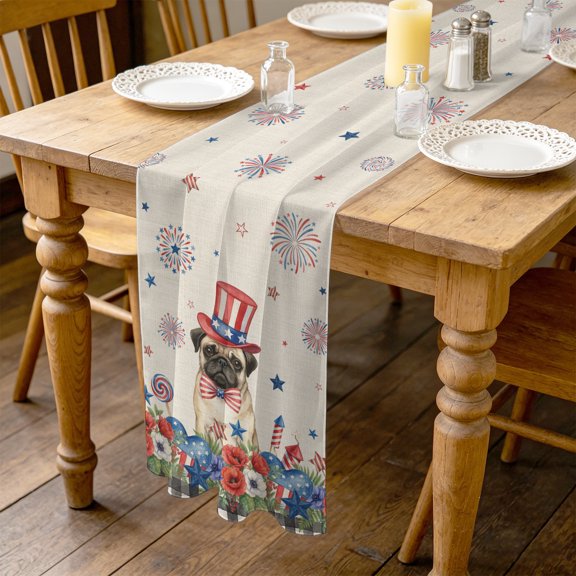 Independence Day 4.5ft Cheesecloth Table Runner for Wedding 19"x55", Cartoon Pug Dog Colorful Poppy Linen Texture Kitchen Dinner Sheer Tulle Chiffon Dresser Scarf, Holiday Party Decorations