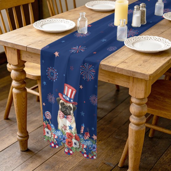 Independence Day 4.5ft Cheesecloth Table Runner for Wedding 19"x55", Cartoon Pug Dog Cute Puppy Colorful Poppy Kitchen Dinner Sheer Tulle Chiffon Dresser Scarf, Holiday Party Decorations