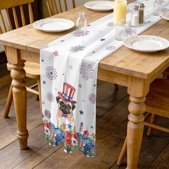 Independence Day 4.5ft Cheesecloth Table Runner for Wedding 19"x55", Cartoon Pug Dog Cute Puppy Red Blue Flower Kitchen Dinner Sheer Tulle Chiffon Dresser Scarf, Holiday Party Decorations