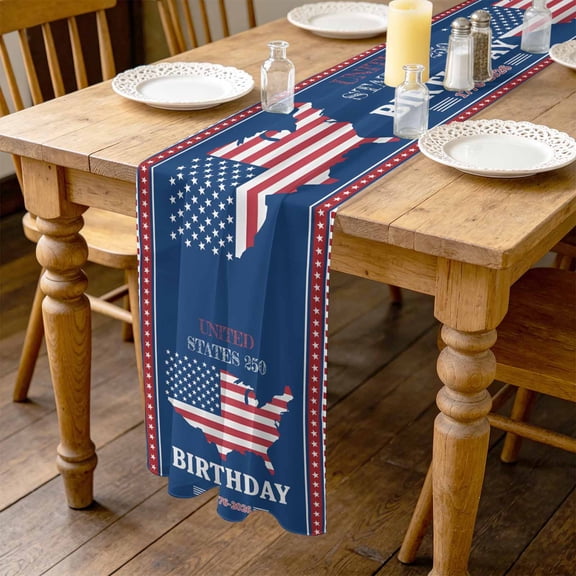 Independence Day 4.5ft Cheesecloth Table Runner for Wedding 19"x55", Vintage Red Blue USA Map Navy Blue Kitchen Dinner Sheer Tulle Chiffon Dresser Scarf, Holiday Party Decorations