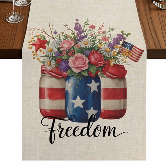 Independence Day 48 Inch Table Runner, Spring Roses Flowers US Flag Rustic Plants Farmhouse Dresser Scarf Cotton & Linen Tablerunner for Dining/Kitchen Island/Holiday Party Décor 13" x 48"