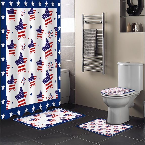 Independence Day 4PCS Shower Curtains Set with Toilet Lid Cover Non-Slip Rugs, American USA Flag Stars Waterproof Shower Curtain Set for Bathroom with 12 Hooks 66x72 In