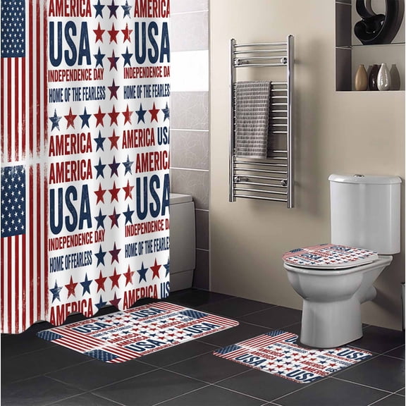Independence Day 4PCS Shower Curtains Set with Toilet Lid Cover Non-Slip Rugs, Retro American USA Flag Red Stripes Abstract Waterproof Shower Curtain Set for Bathroom with 12 Hooks 72x72 In