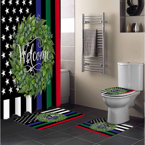 Independence Day 4PCS Shower Curtains Set with Toilet Lid Cover Non-Slip Rugs, US Flag Day Patriotic Weclome Wreath Red Black Stripes Waterproof Shower Curtain Set for Bathroom with 9 Hooks 36x72 In