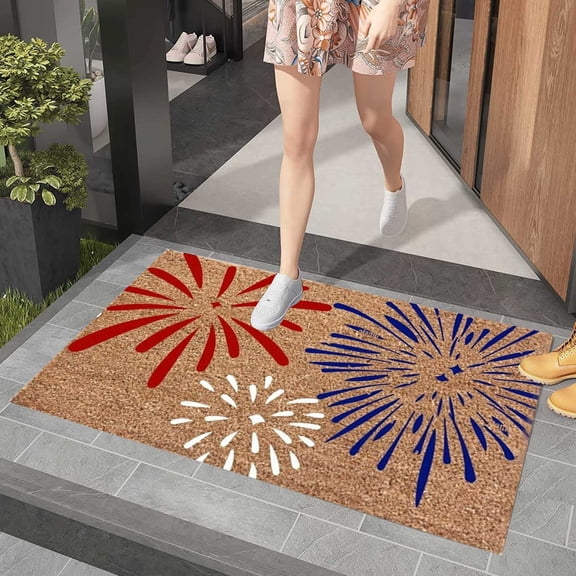 Independence Day 4th of July Patriotic Door Mat Red White and Blue Firework Door Mats 16"x24" Outside Door Mats for Front Door Patriotic Decorations for Home Garden Farm Spring Decor