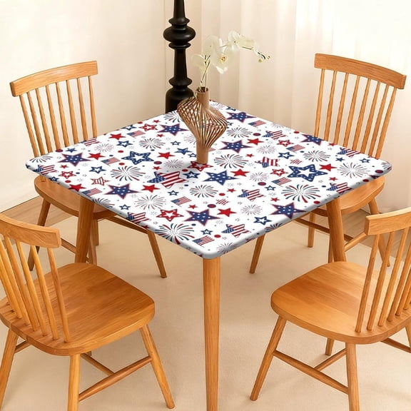Independence Day 4th of July Square Fitted Tablecloth with Elastic Edge – 35x35 Inch Waterproof Table Cloth 4th of July Star BBQ Party Picnic Table Cover, Red White Blue Decoration