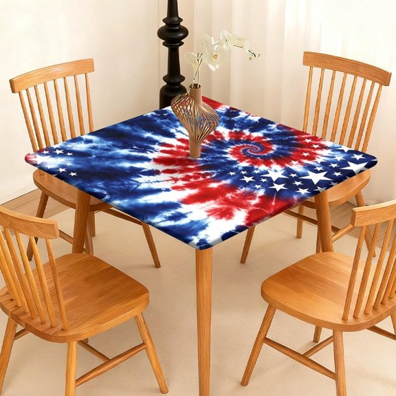 Independence Day 4th of July Square Fitted Tablecloth with Elastic Edge – 35x35 Inch Waterproof Table Cloth Tie Dye Star BBQ Party Picnic Table Cover, Red White Blue Decoration