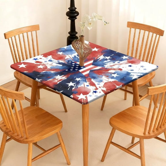 Independence Day 4th of July Square Fitted Tablecloth with Elastic Edge – 35x35 Inch Waterproof Table Cloth Tie Dye Star Flag BBQ Party Picnic Table Cover, Red White Blue Decoration