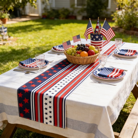 Independence Day 4th of July Table Runner Dresser Scarves, American Flag Stars, 71" x 13" Polyester Rectangle Independence Table Runner, For Patriotic Party Decorations