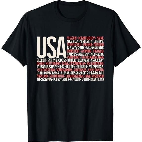Independence Day 4th July USA Flag America State Map Names T-Shirt