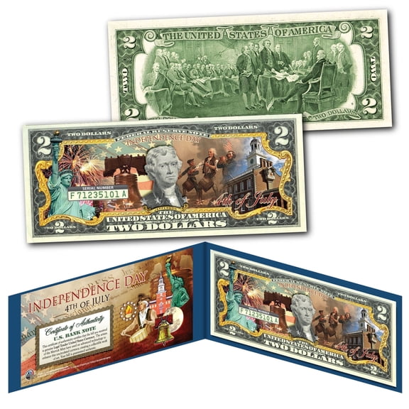 Independence Day 4th of July Genuine US $2 Bill w/ '76 Bicentennial Coin Designs