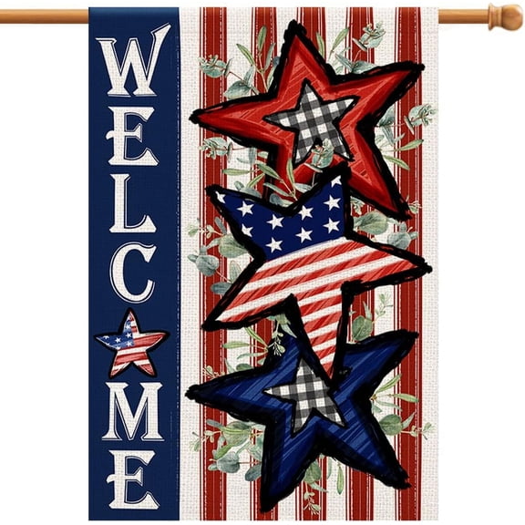 Independence Day 4th of July House Flag Burlap 28x40 Inch Double Sided, Patriotic American Stars and Stripes Yard Outdoor Decor DF304-28