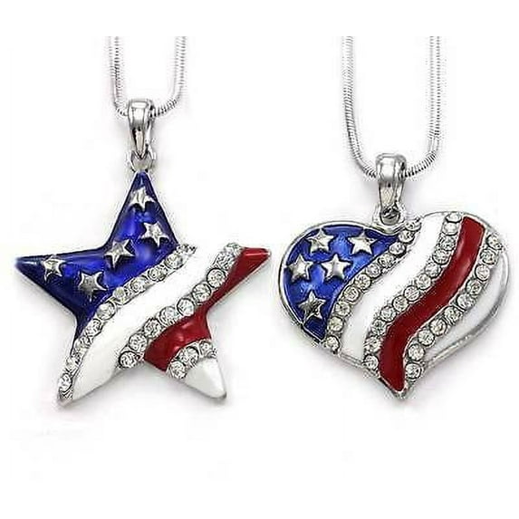 Independence Day 4th of July USA American Flag Star Heart Necklace Set s500slv