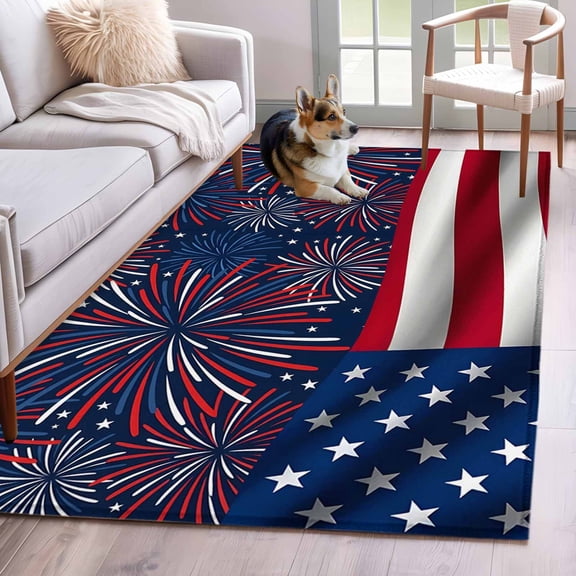 Independence Day 4x6 Area Rugs for Living Room, American Flag Patriotic Fireworks Non Slip Floor Mat Washable Low-Profile Indoor Carpet for Bedroom, Dining Room, Bathroom