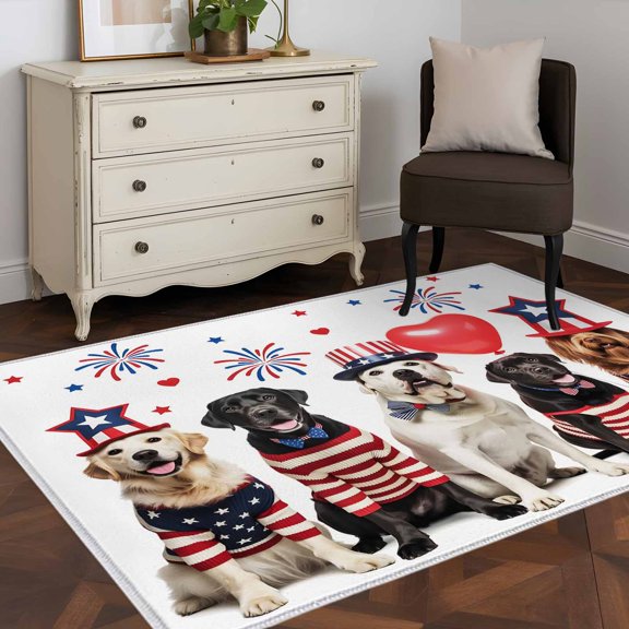 Independence Day 4x6 Rug for Dining Table for 4 People Under Table, U.S. Flag Themed Cute Funny Dog Puppy Firework ashable Non Slip Rectangle Area Rug