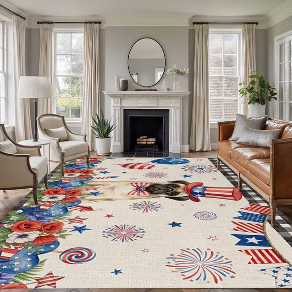 Independence Day 5'x8' Rug for Bedroom Under Queen Bed Placement, Cartoon Pug Dog Colorful Poppy Linen Texture Washable Non Slip Large Rectangle Area Rug
