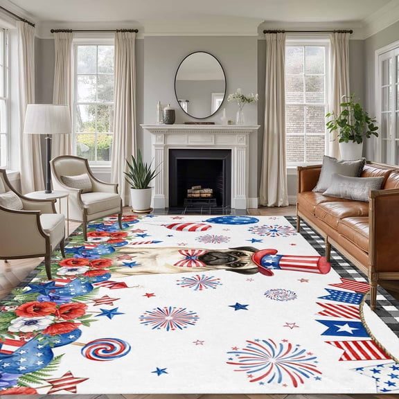 Independence Day 5'x8' Rug for Bedroom Under Queen Bed Placement, Cartoon Pug Dog Cute Puppy Red Blue Flower Washable Non Slip Large Rectangle Area Rug