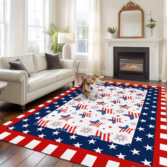 Independence Day 5x8 Rug for Bedroom Under Queen Bed Placement, U.S. Flag Themed Cartoon Five-Pointed Star Washable Non Slip Large Rectangle Area Rug