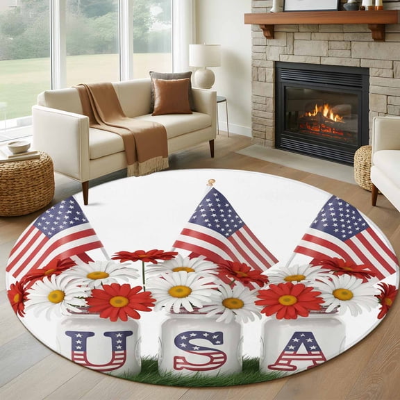 Independence Day 6' Round Rug for Living Room Under Coffee Table, Five-Pointed Star U.S. Flag Themed Floral Low Pile Washable Non Slip Circle Area Rug