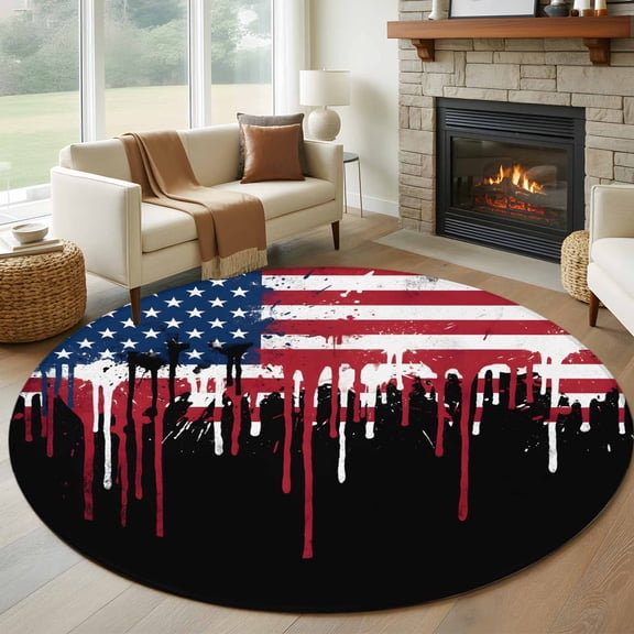 Independence Day 6' Round Rug for Living Room Under Coffee Table, Watercolor U. S, Flag Abstract Artistic Low Pile Washable Non Slip Circle Area Rug
