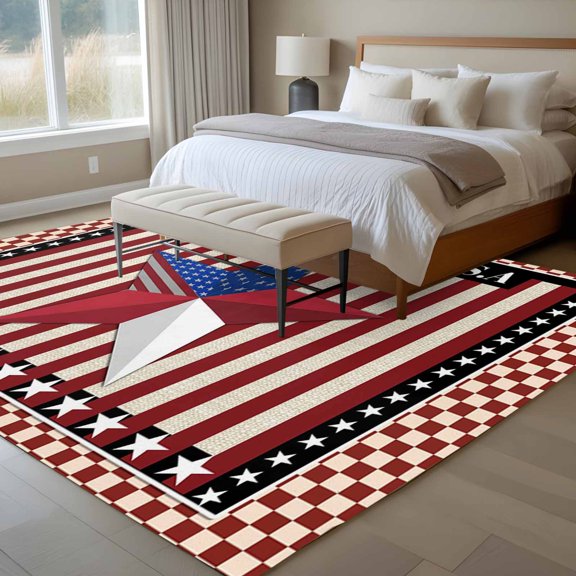 Independence Day 6x9 Rug for Dining Room Table and Chair Setup, Red Blue U.S Flag Patriotic Star Stripe Plaid Low Pile Washable Non Slip Rectangle Area Rug