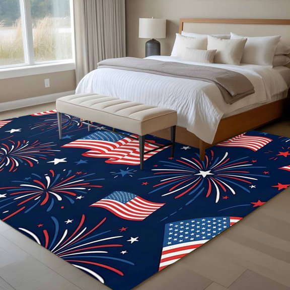 Independence Day 6x9 Rug for Dining Room Table and Chair Setup, Red Blue U.S. Flag Star Celebration Firework Low Pile Washable Non Slip Rectangle Area Rug