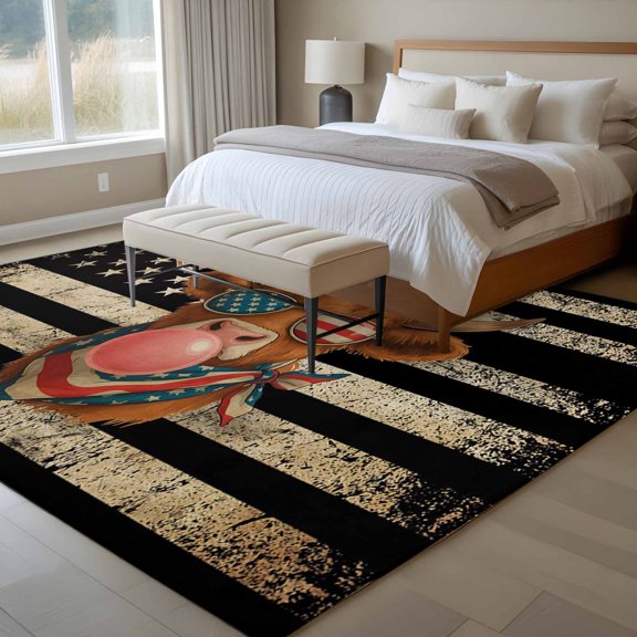 Independence Day 6x9 Rug for Dining Room Table and Chair Setup, Retro Five-Pointed Star U.S. Flag Farm Funny Cow Low Pile Washable Non Slip Rectangle Area Rug