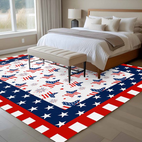 Independence Day 6x9 Rug for Dining Room Table and Chair Setup, U.S. Flag Themed Cartoon Five-Pointed Star Low Pile Washable Non Slip Rectangle Area Rug