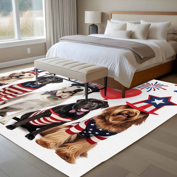 Independence Day 6x9 Rug for Dining Room Table and Chair Setup, U.S. Flag Themed Cute Funny Dog Puppy Firework Low Pile Washable Non Slip Rectangle Area Rug