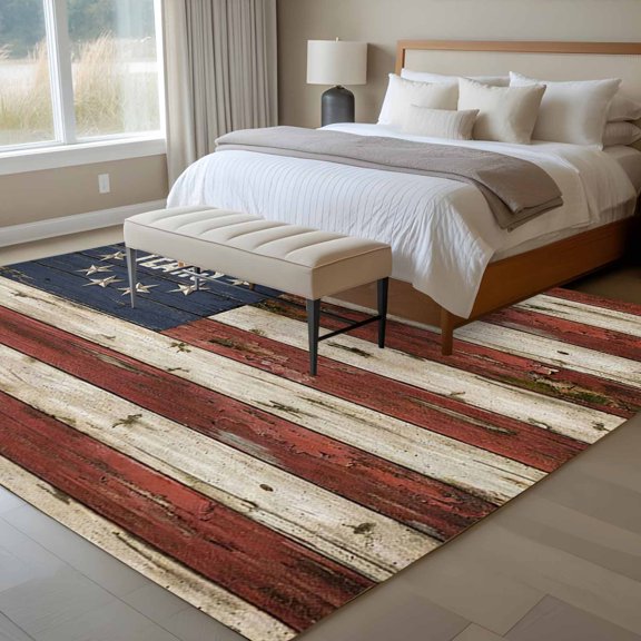 Independence Day 6x9 Rug for Dining Room Table and Chair Setup, Watercolor U. S. Flag 250 YEARS Retro Wood Grain Low Pile Washable Non Slip Rectangle Area Rug