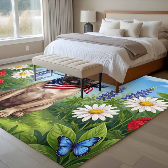 Independence Day 6x9 Rug for Dining Room Table and Chair Setup, Watercolor U. S. Flag Cute French Bulldog Butterfly Low Pile Washable Non Slip Rectangle Area Rug