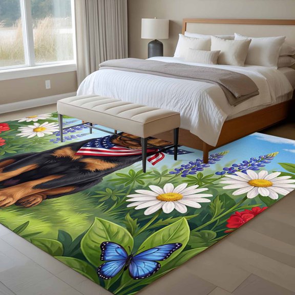 Independence Day 6x9 Rug for Dining Room Table and Chair Setup, Watercolor U. S. Flag Cute Rottweiler Butterfly Low Pile Washable Non Slip Rectangle Area Rug