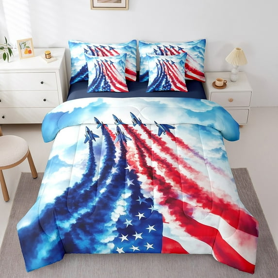 Independence Day 7 Pieces Bedding Set King,Fighter Plane Aviation Airplane Military Style Bed in a Bag for Adults,Red Blue American Flag Freedom Sky Comforter Set with Sheets,Pillow Covers