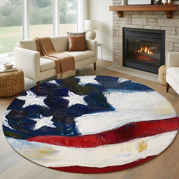 Independence Day 7' Round Rug for Living Room Conversation Area, United States Flag Washable Non Slip Large Circle Area Rug